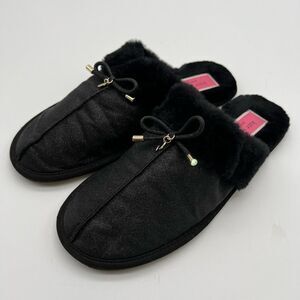 KATE SPADE Slippers Women's Size L/XL Black Lacey Slip-ins Faux Fur House Shoes